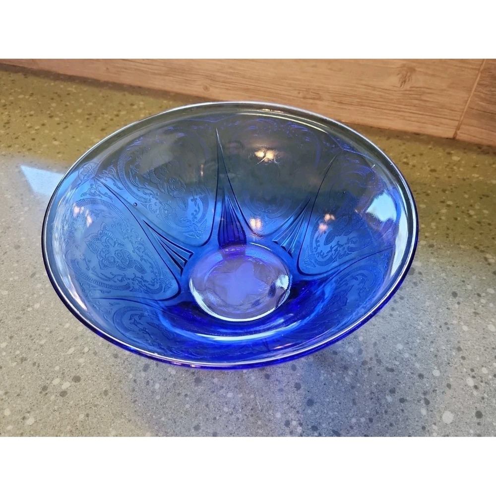 Hazel Atlas Cobalt Blue Royal Lace 10" Bowl Depression Glass, FOOTED, Vintage - Picture 7 of 9